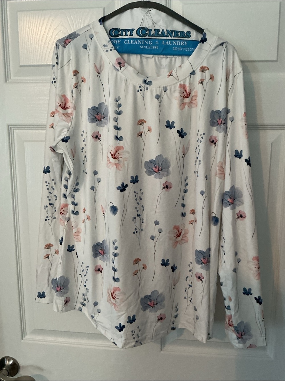 Floral Long-Sleeve Women’s Top - White with Blue & Pink Flowers